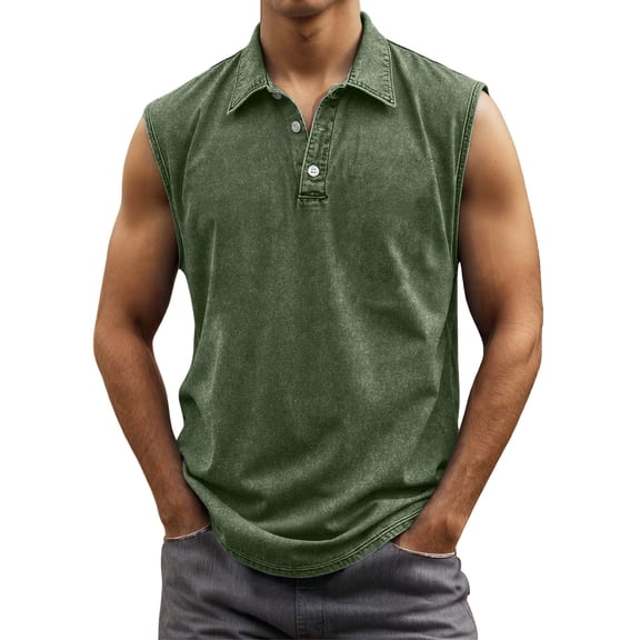 Bainana Washed Collar Tank Tops For Mens Regular Fit Sleeveless Button Up Muscle Shirts Summer Running Beach Gentleman Vest Army Green Size L