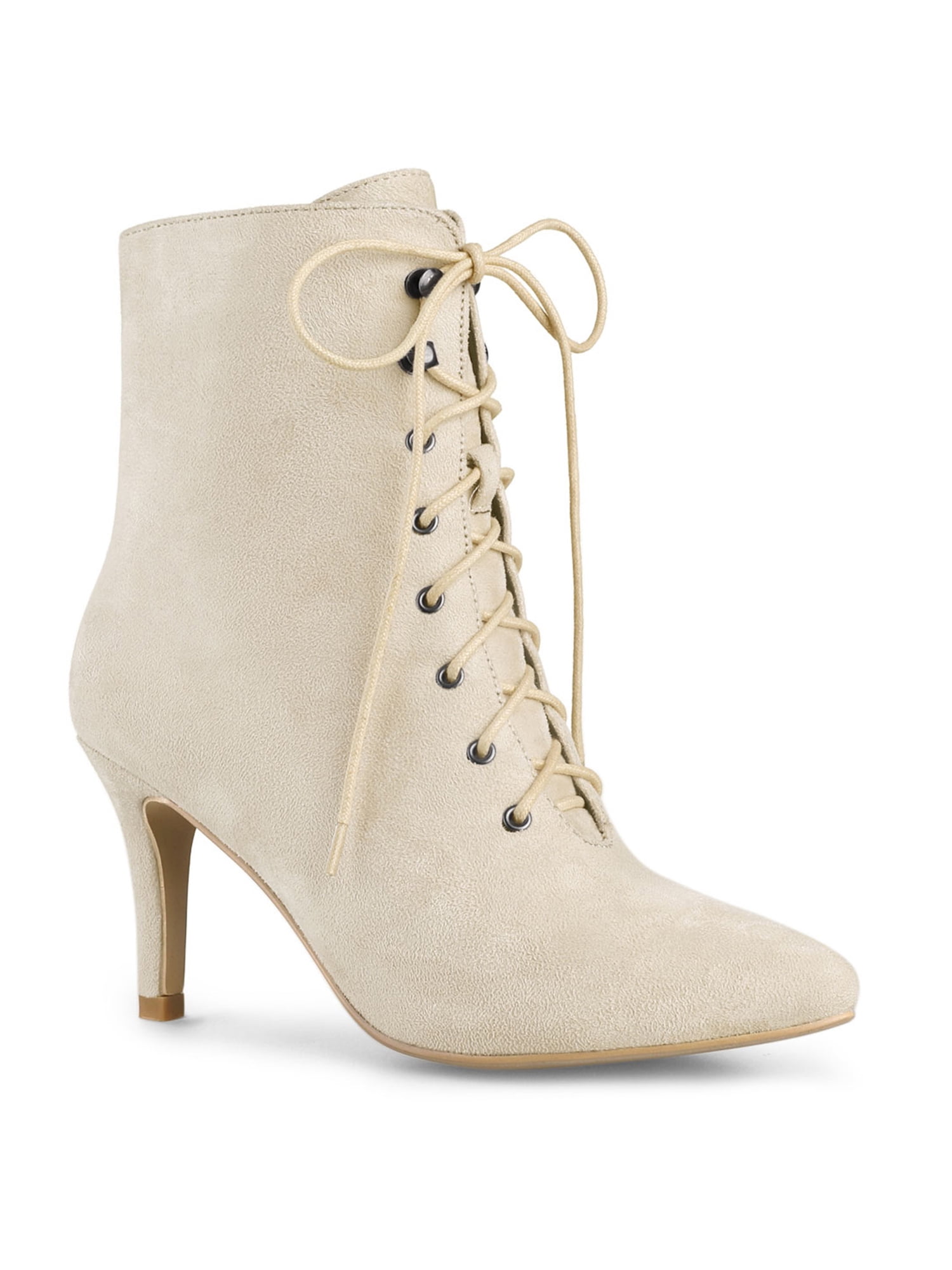 Womens Trendy Inside Zip Up Pointed Toe Dressy Booties Block High Heel Ankle Boots with Zipper Beige