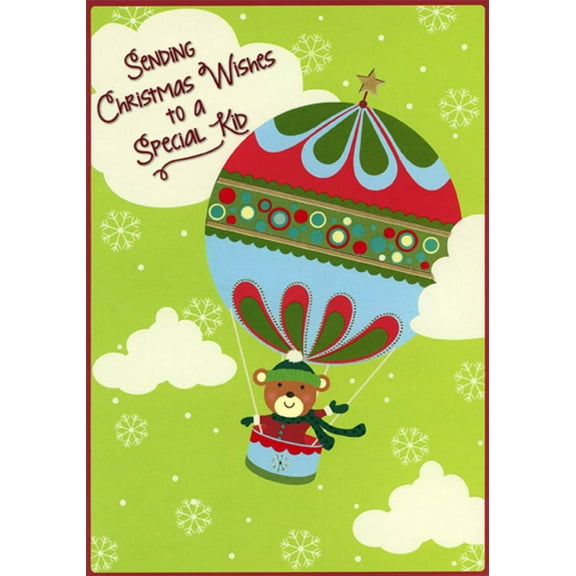 Designer Greetings Bear Flying in Green, Blue and Red Hot Air Balloon Juvenile African American Christmas Card for Kid / Child