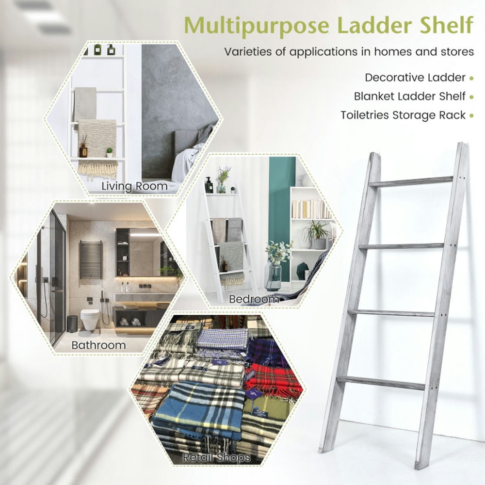 Finihen Wall Leaning Ladder Towel Rack, Blanket Ladder, 4-Tier Wall Leaning Ladder Shelf Stand, Gray