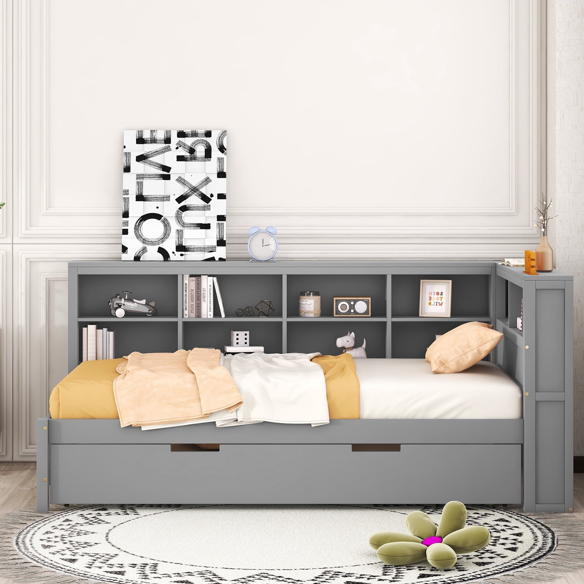 Mintazer Modern Twin Daybed Frame with Trundle, USB Charging Station & Storage Shelves for Bedroom, Grey