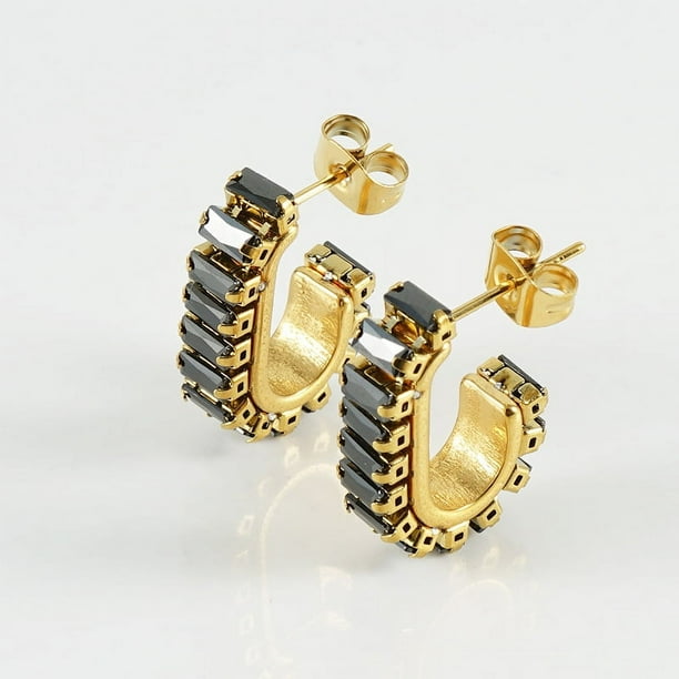 Nvzi Conjunto versátil en forma de U con pendientes llenos de diamantes y circonitas, pendientes y pendientes con diseño de nicho de acero de titanio (negro)