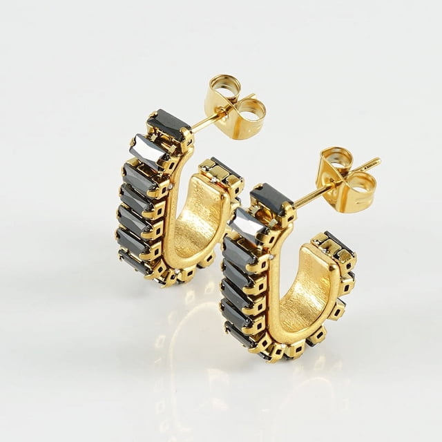 Nvzi Conjunto versátil en forma de U con pendientes llenos de diamantes y circonitas, pendientes y pendientes con diseño de nicho de acero de titanio (negro)