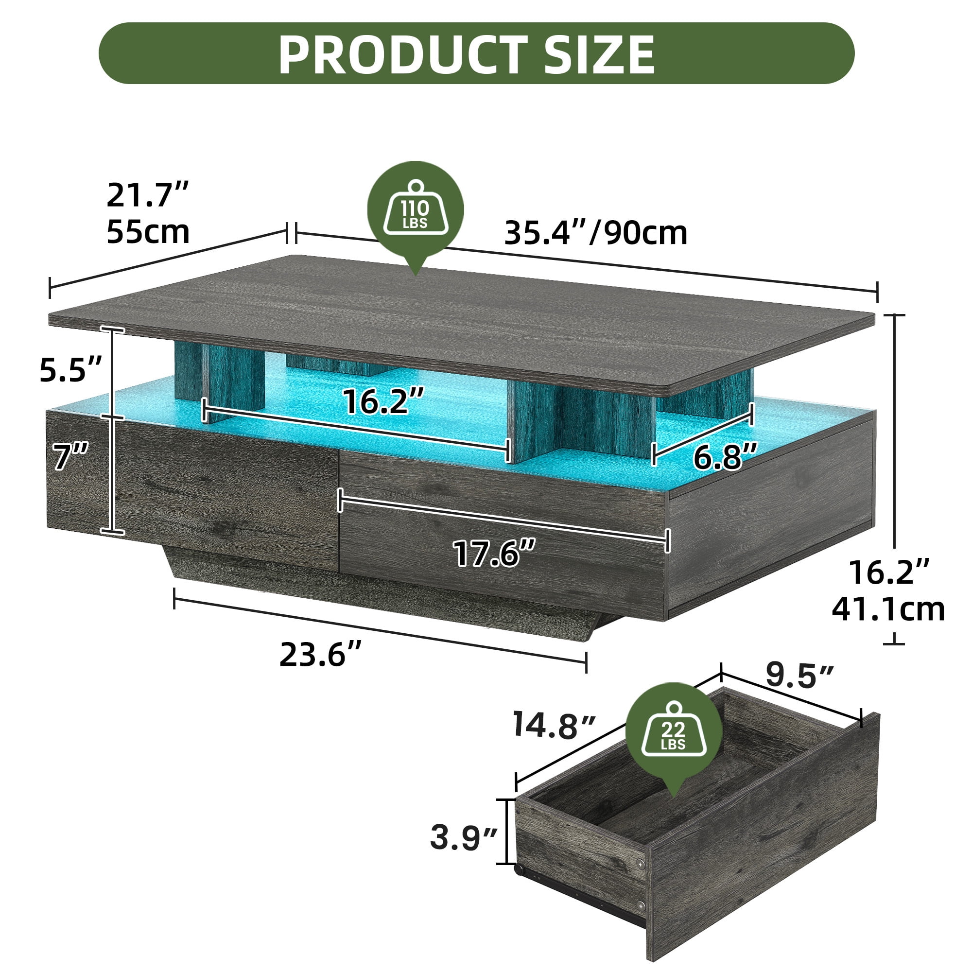 Uforic Modern LED Coffee Table, Center Tables with Storage for Living Room, Gray