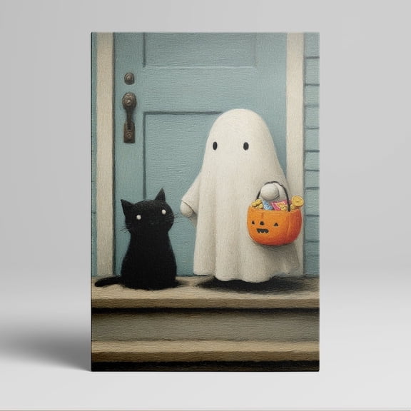 1pc Adorable Halloween - themed Canvas Wall Art Featuring a Ghost with a Candy - filled Pumpkin Bucket and a Black Cat, Framed Decor room hanging Wall Picture Decor for Home Gifts, living room