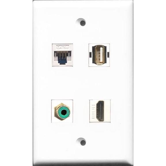 RiteAV 1 Port HDMI and 1 Port RCA Green and 1 Port USB A-A and 1 Port Cat5e Ethernet White Wall Plate