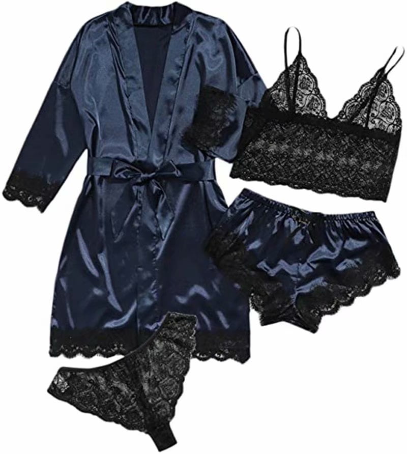 Womens Sleepwear 4pcs Floral Lace Trim Satin Cami Pajama Set with Robe 