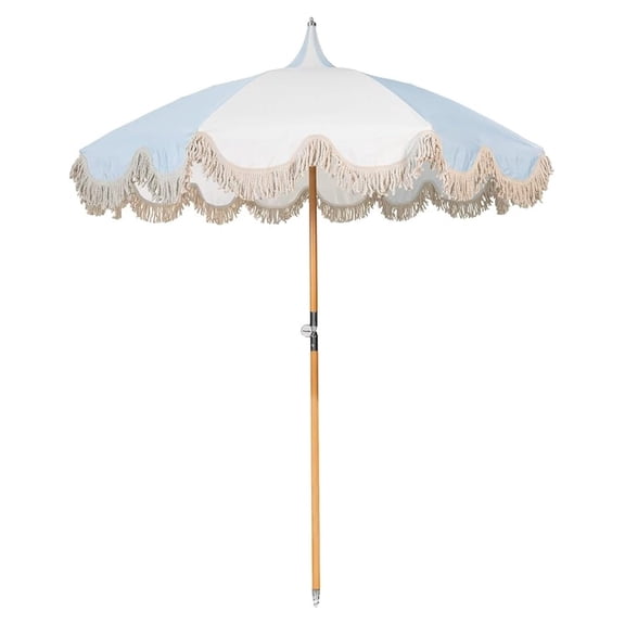 6.5ft Pagoda Beach Umbrella with Fringe, UPF 50 Boho Umbrellas with Carry Bag, Premium Wood Pole Foldable Tassel Umbrella for Outdoor Garden Lawn Pool Yard Table