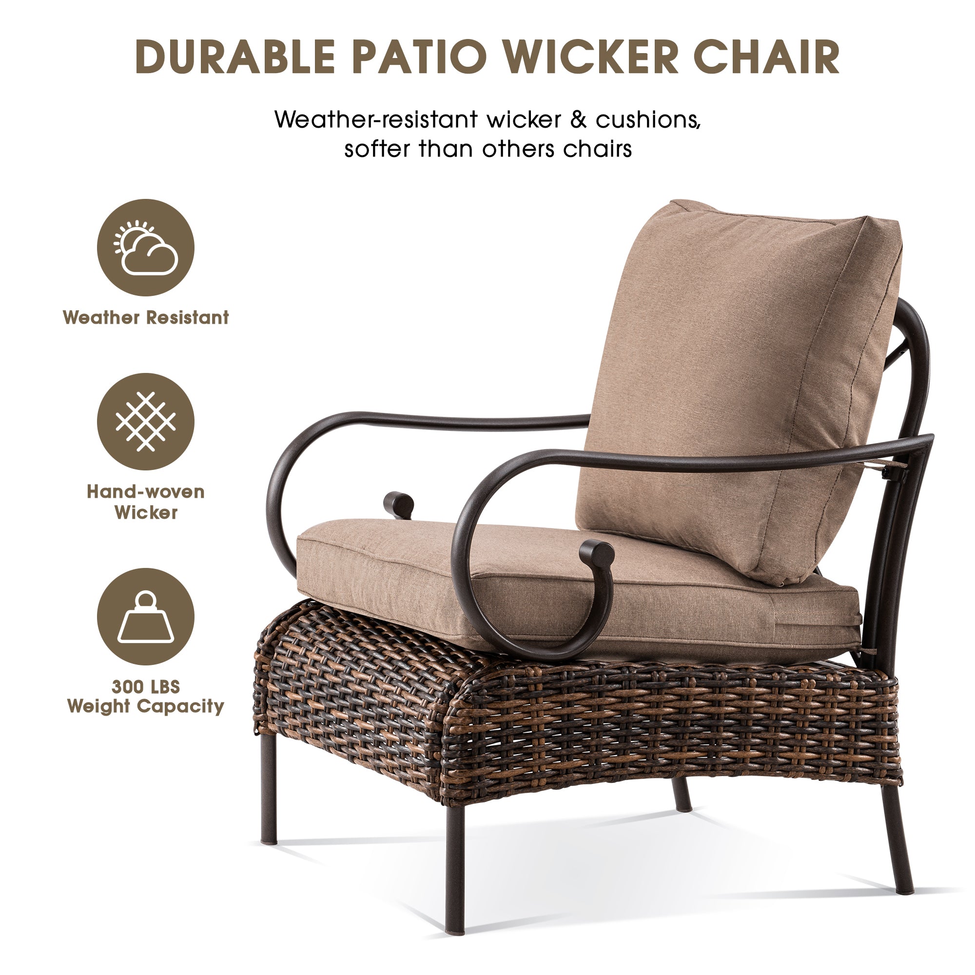 ivinta Outdoor Chair with Ottoman, Patio Wicker Chair with Fabric Cushions, 2 Piece PE Rattan Chair for Garden, Single Patio Chair Grey Lounge Chair - image 4 of 8
