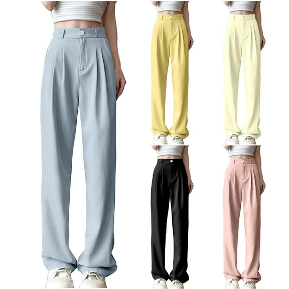 AINIYS Wide Leg Dress Pants for Women High Waisted Solid Office Work Trousers Business Casual Pleated Button Flowy Pant Beige L