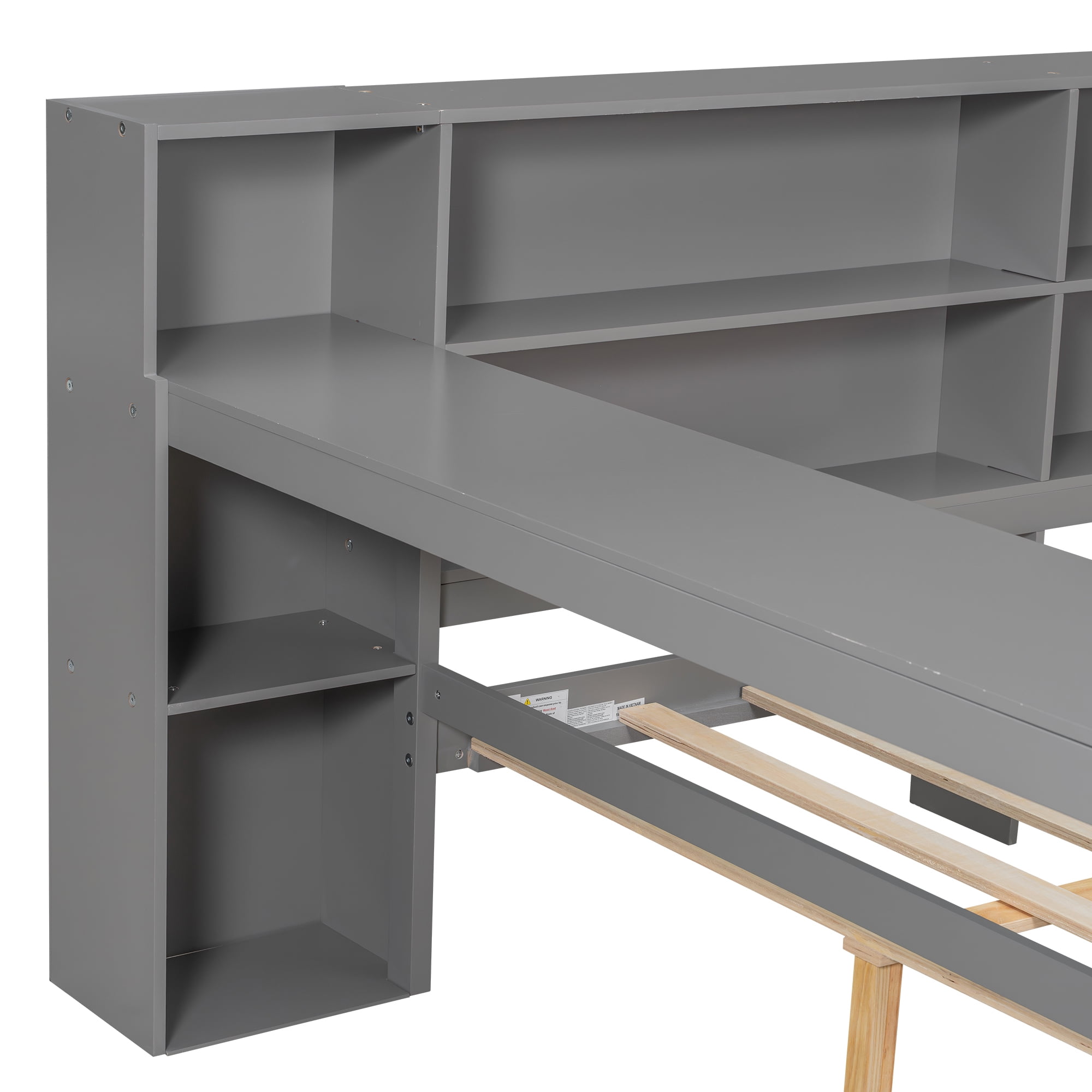 Euroco Wood Full Size Daybed with Desk and Shelves, Captain Bed with Upholstered Headboard, LED Light and USB Charging, Gray