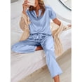 thumbnail image 3 of DAKIMOE Womens Silk Satin Pajama Sets Short Sleeve Pjs V Neck Pajamas for Women with Long Pant S to XL, 3 of 8