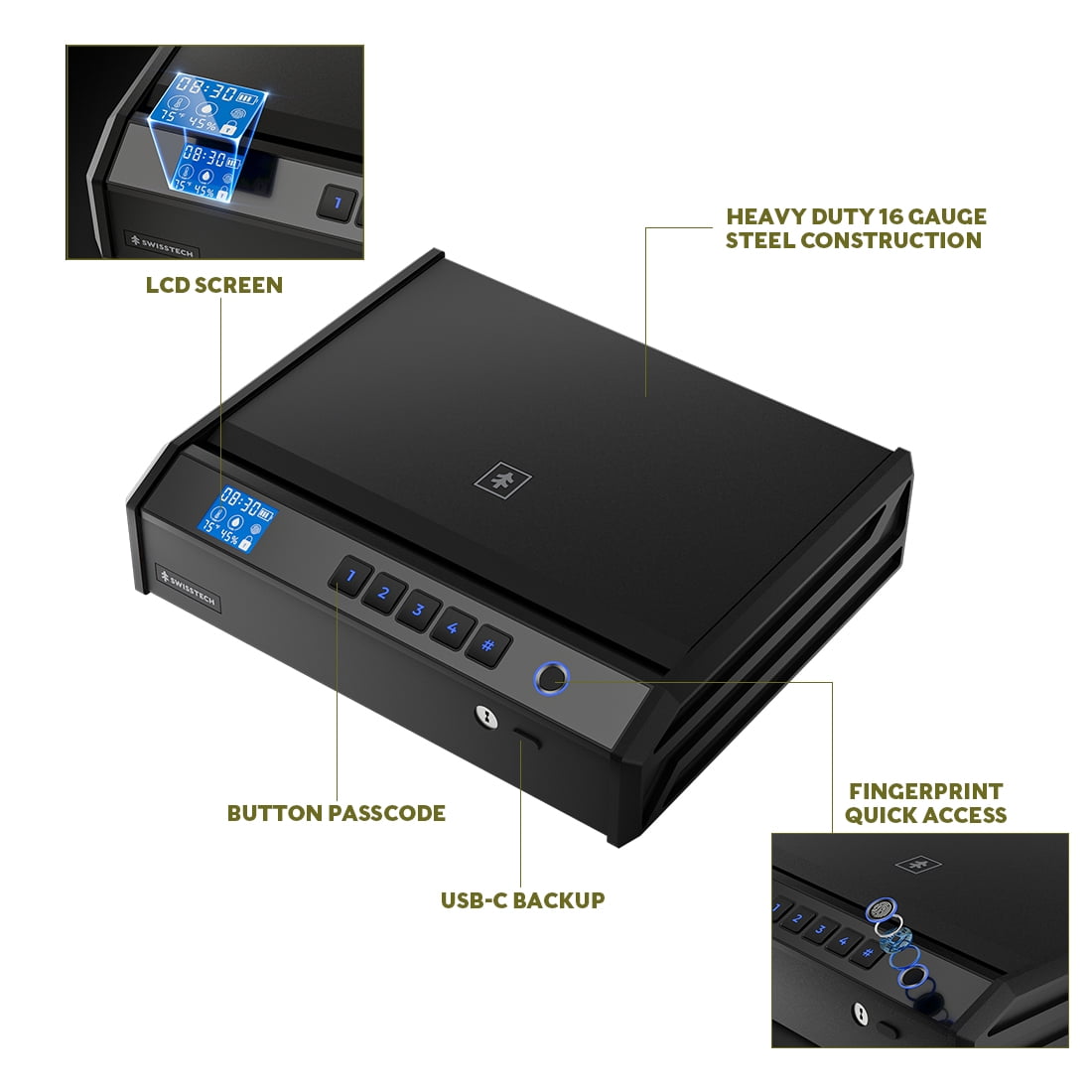 Swiss Tech Wächter 200 Biometric Gun Safe for 2 Handguns, Fingerprint Safe with LCD Display, USB-C Emergency Power, Keypad & Key Backup