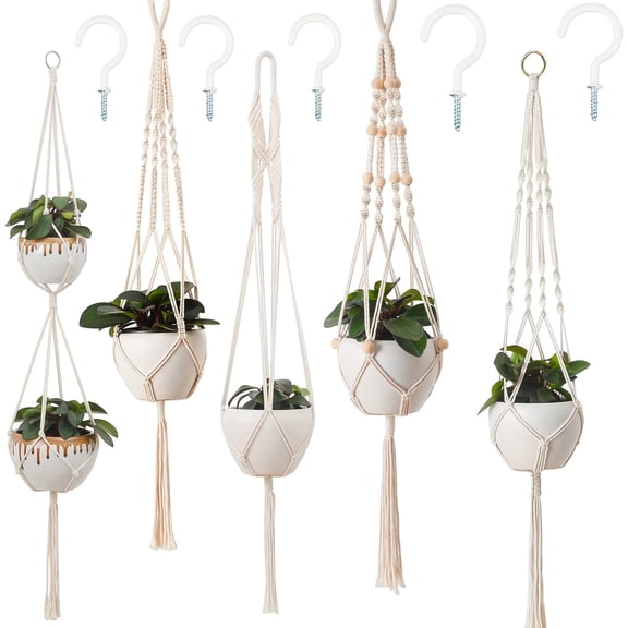 5pcs Macrame Plant Hangers with 5 Hooks, 5 Different Sizes Indoor/Outdoor Hanging Planters Basket, Boho Home Decor, Ivory, Easy Installation for Living Room, Kitchen, Hall, and Patio