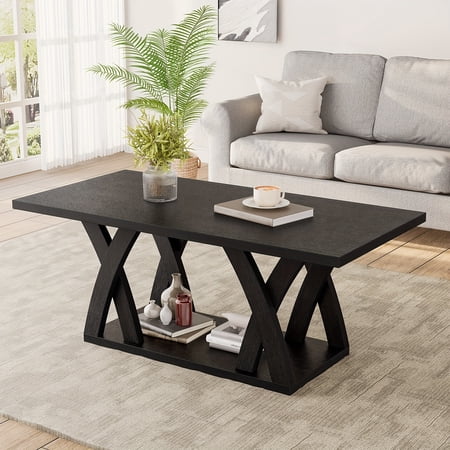 47-Inch Square Wood Coffee Table with X-Shaped Base, Farmhouse Style Cocktail Table for Living Room, Reception Area, and Home Office