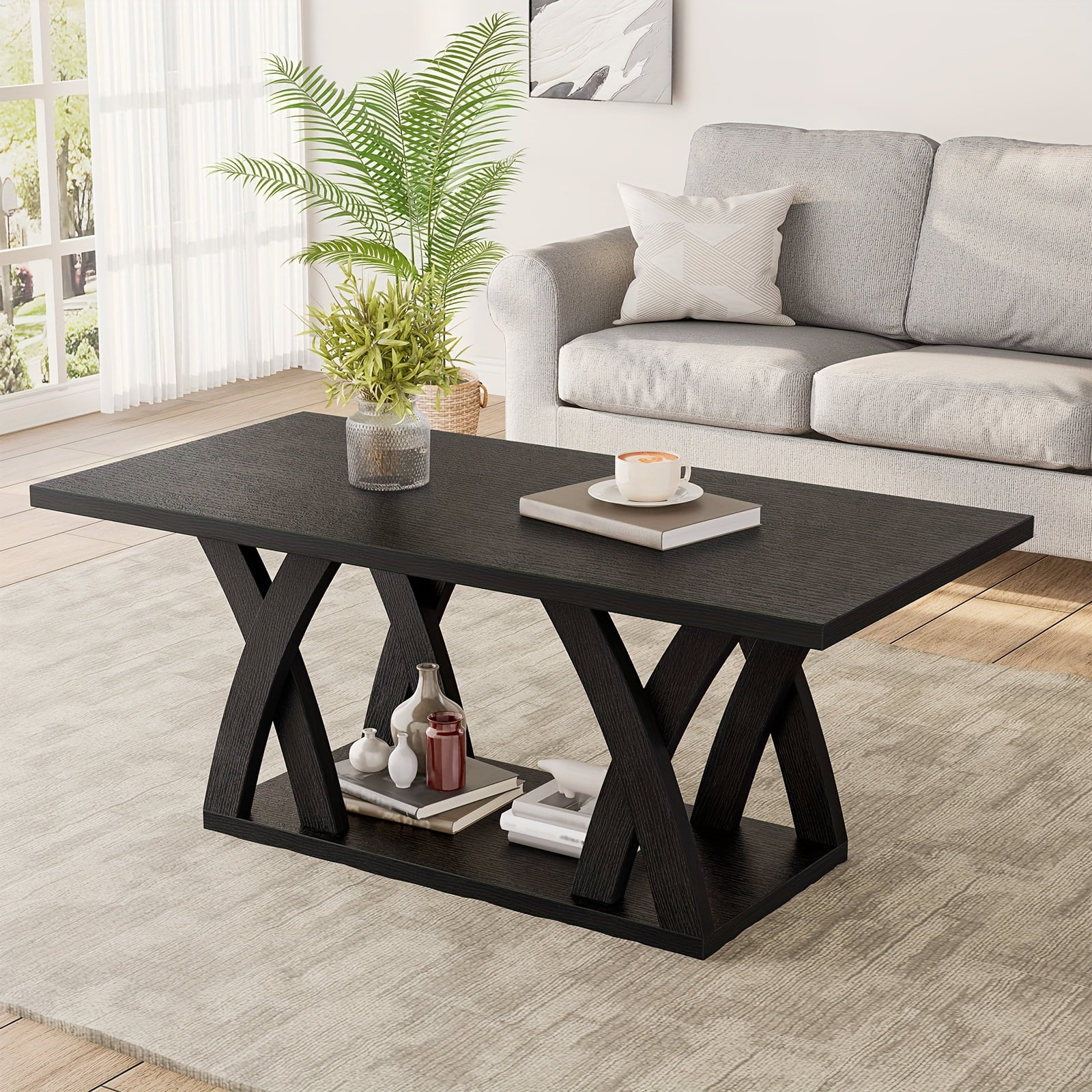 47 Inch Wood Coffee Table Square Coffee Table with X-Shape Wooden Base Farmhouse Wooden Cocktail Table for Living Room Reception Room Home Office