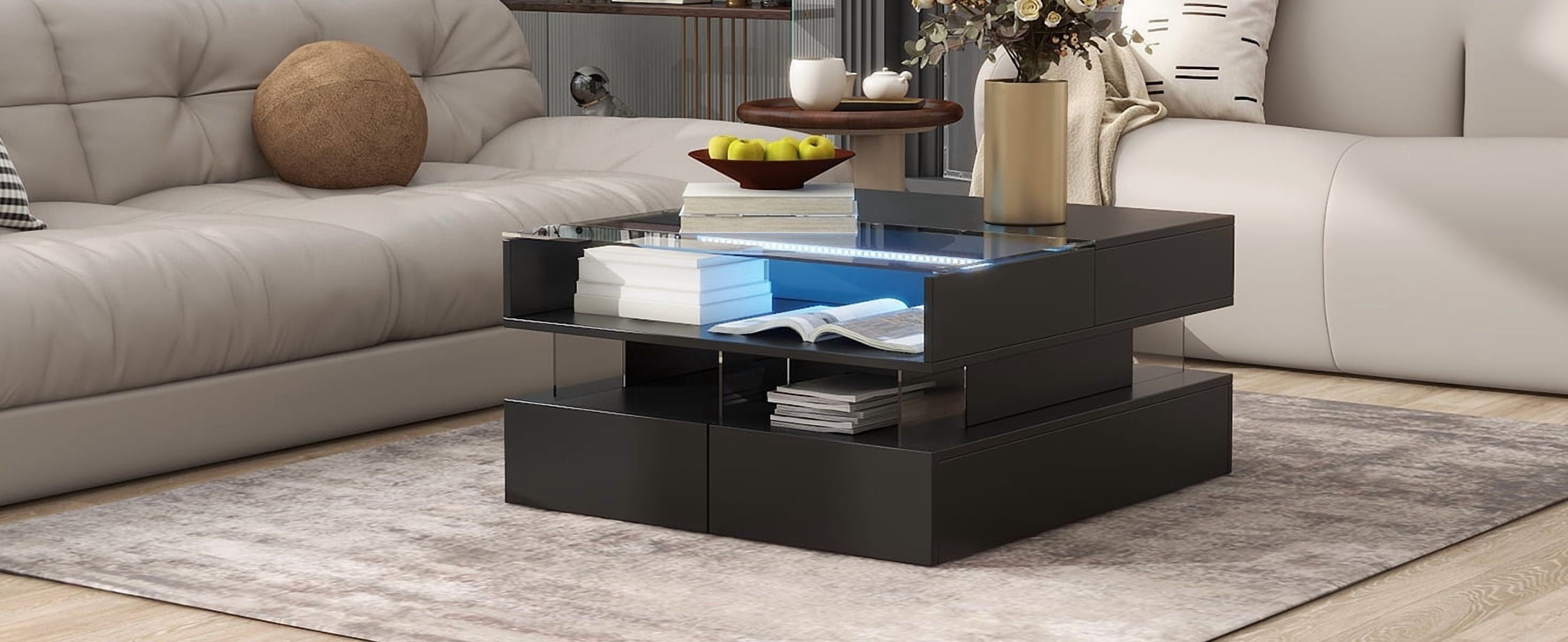 Euroco Modern Lift-Top Glass Coffee Table with LED Lights and Hidden Storage