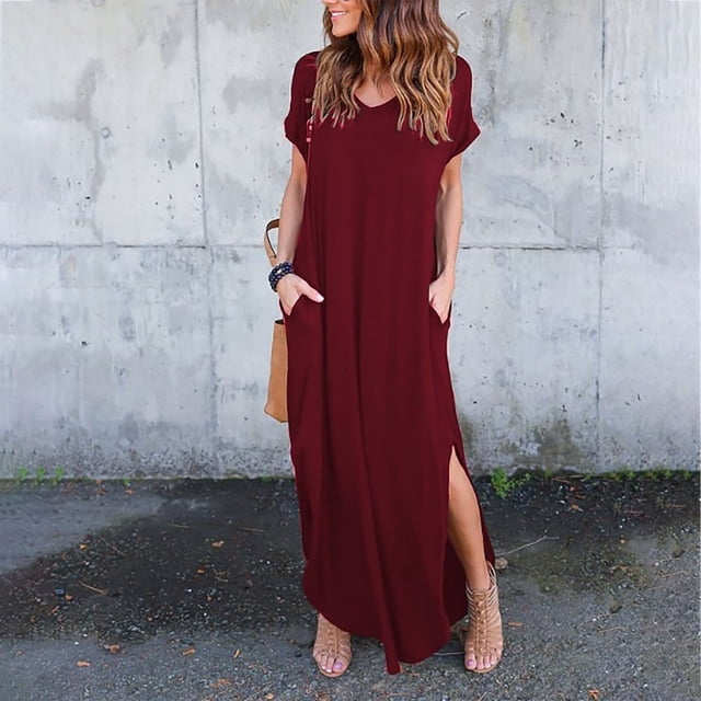 SMihono Robe Maxi Bohème d'Été pour Femmes Grande Taille Femmes Manches Courtes Col Rond Couleur Unie Robe Droite Longueur au Sol Robe de Plage Robe d'Été