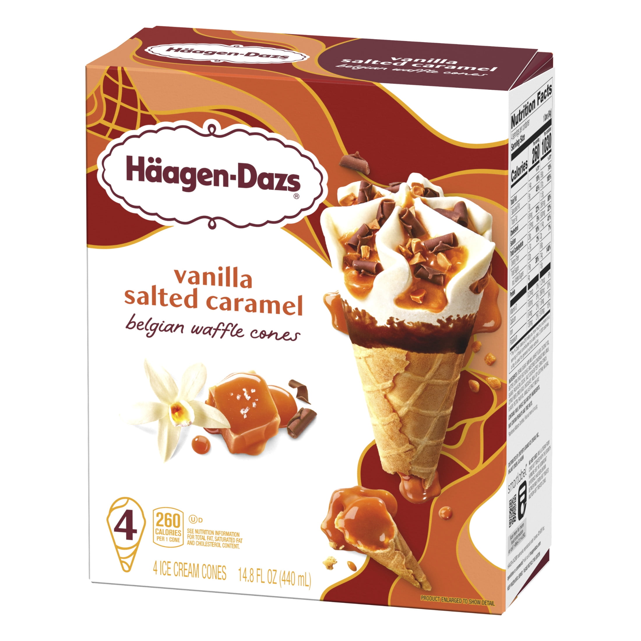 Haagen Dazs Vanilla Salted Caramel Belgian Waffle Ice Cream Cone, 4 Count