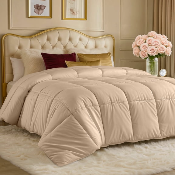Utopia Bedding Comforters Queen Size, All Season Duvet Insert, Down Alternative Box Stitched Bed Comforter with Corner Tabs, Machine Washable (Beige)