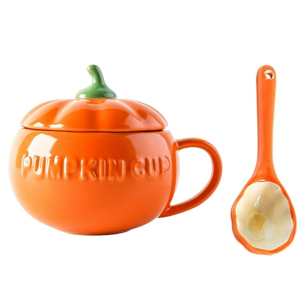 Juego de tazas creativas de calabaza, Taza de cerámica con cuchara para Halloween (naranja), 1 Juego