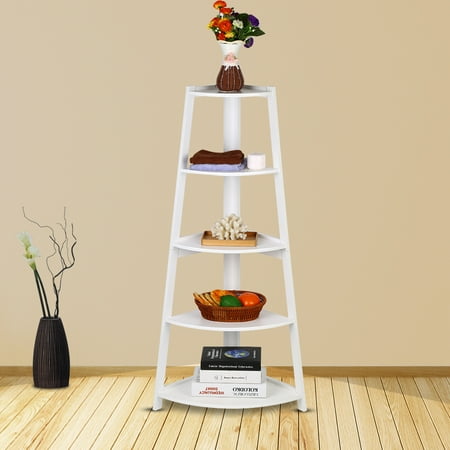 Corner Leaning Shelf Corner Bookcase,Ymiko Wooden White Modern 5-Tier Corner Ladder Shelf Bookshelf Storage Organizer Display Rack Stand ()