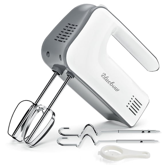 5-Speed Electric Hand Mixer, Kitchen Handheld Mixer with Stainless Steel Whisk & Dough Hook Attachments, White