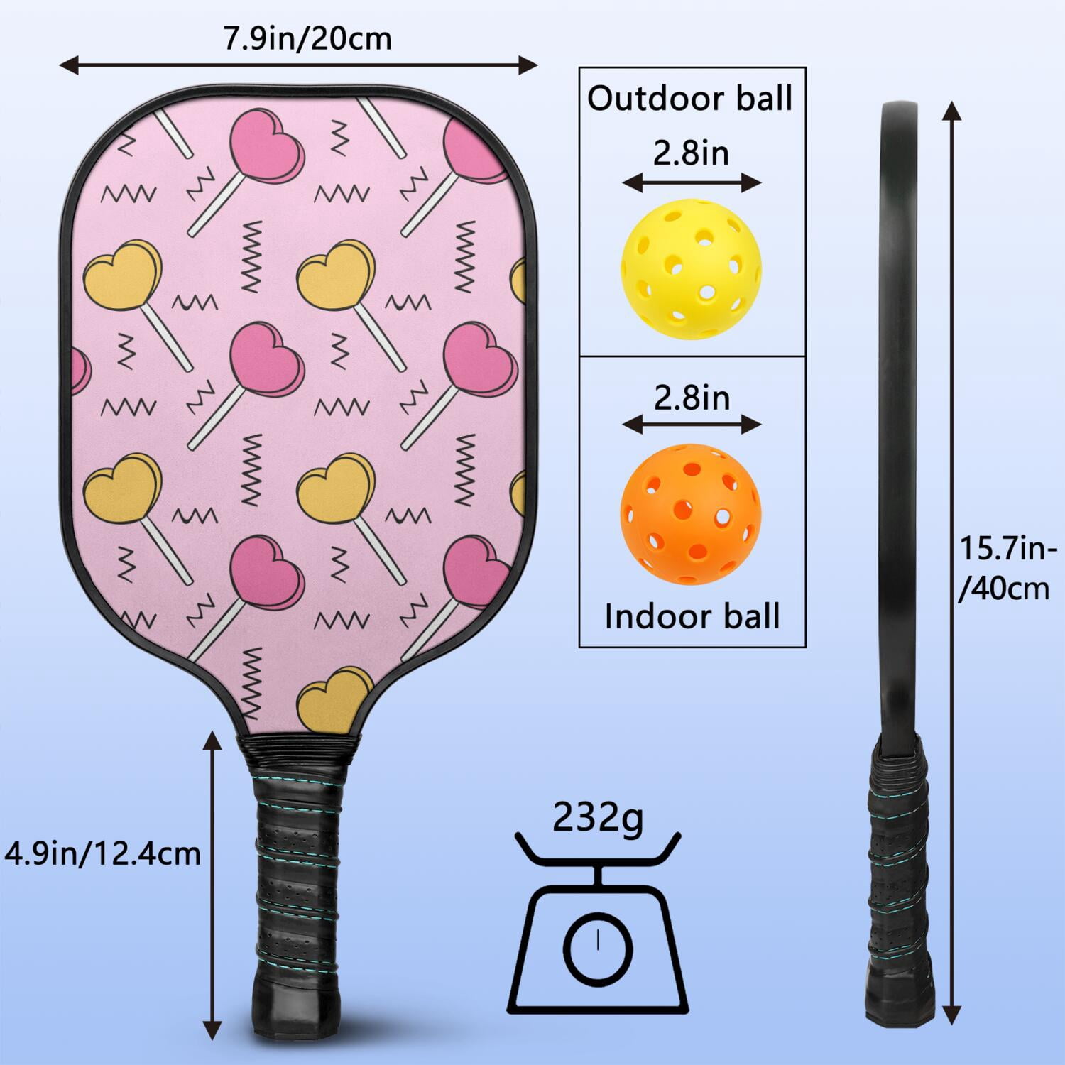 Pickleball Paddles Set Of 2, Fiberglass Surface, Sweet Candy Print, 4 Balls & Bag