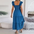 thumbnail image 2 of Riforla 2024 Summer Solid Color Waist Square Neck A Line Long Skirt with Hems Peephole Dresses for Women Blue XL, 2 of 9