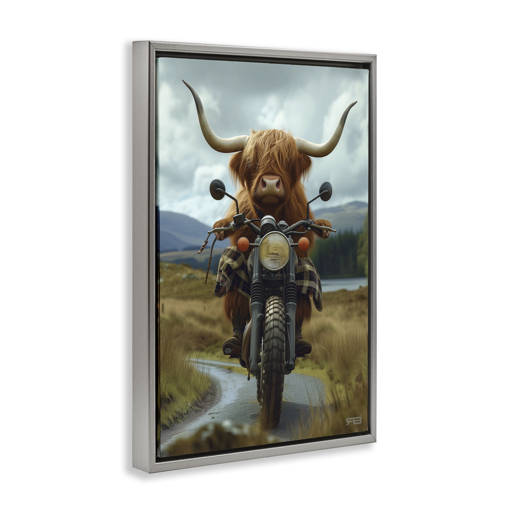 Stupell Industries Motorbike Rural Cattle Animals & Insects Painting Gray Floater Framed Art Print Wall Art, 17 x 25