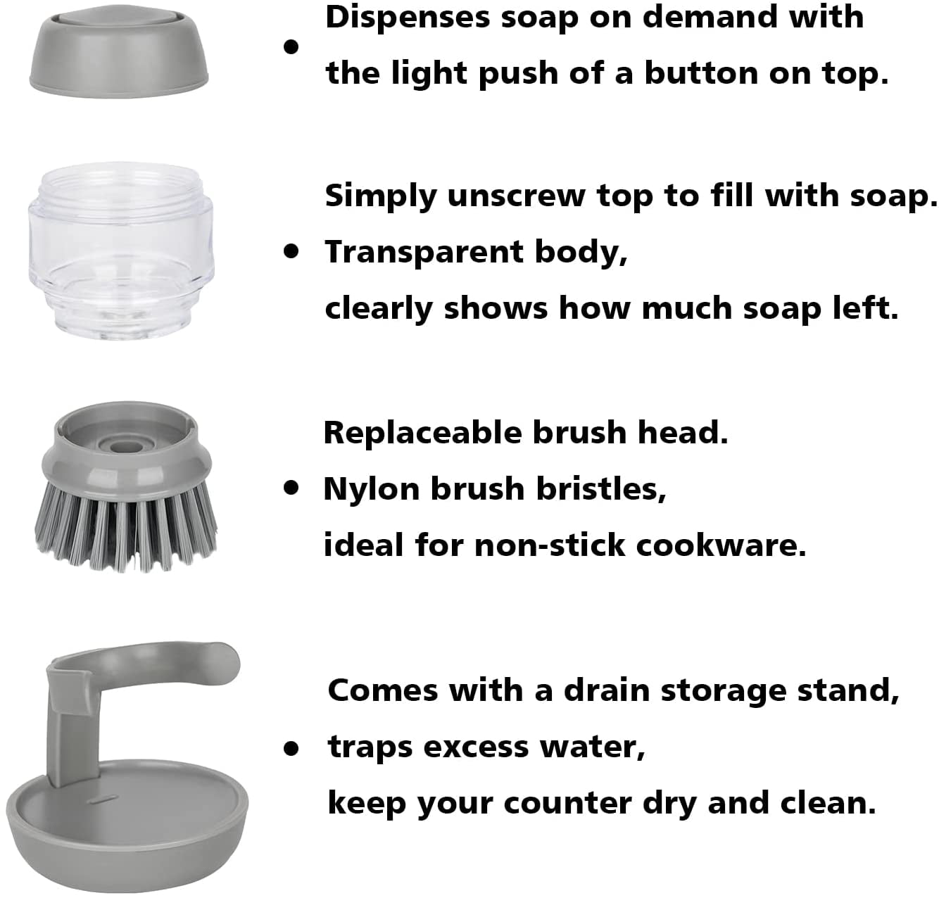Dish Scrub Brush with Soap Dispenser, Palm Scrub Washing Brush for Dishes  Pots Pans Sink Cleaning Kitchen Scrubber Storage with Drip Tray Grey