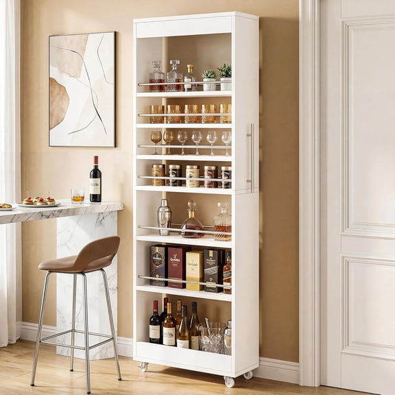 Finmind 73" Tall Slim Storage Cart on Wheels, 7-Tier Rolling Pantry Cabinet with Pull-Out Shelves, White