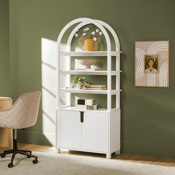 Walker Edison Modern Arched Cabinet Bookcase with Storage, White