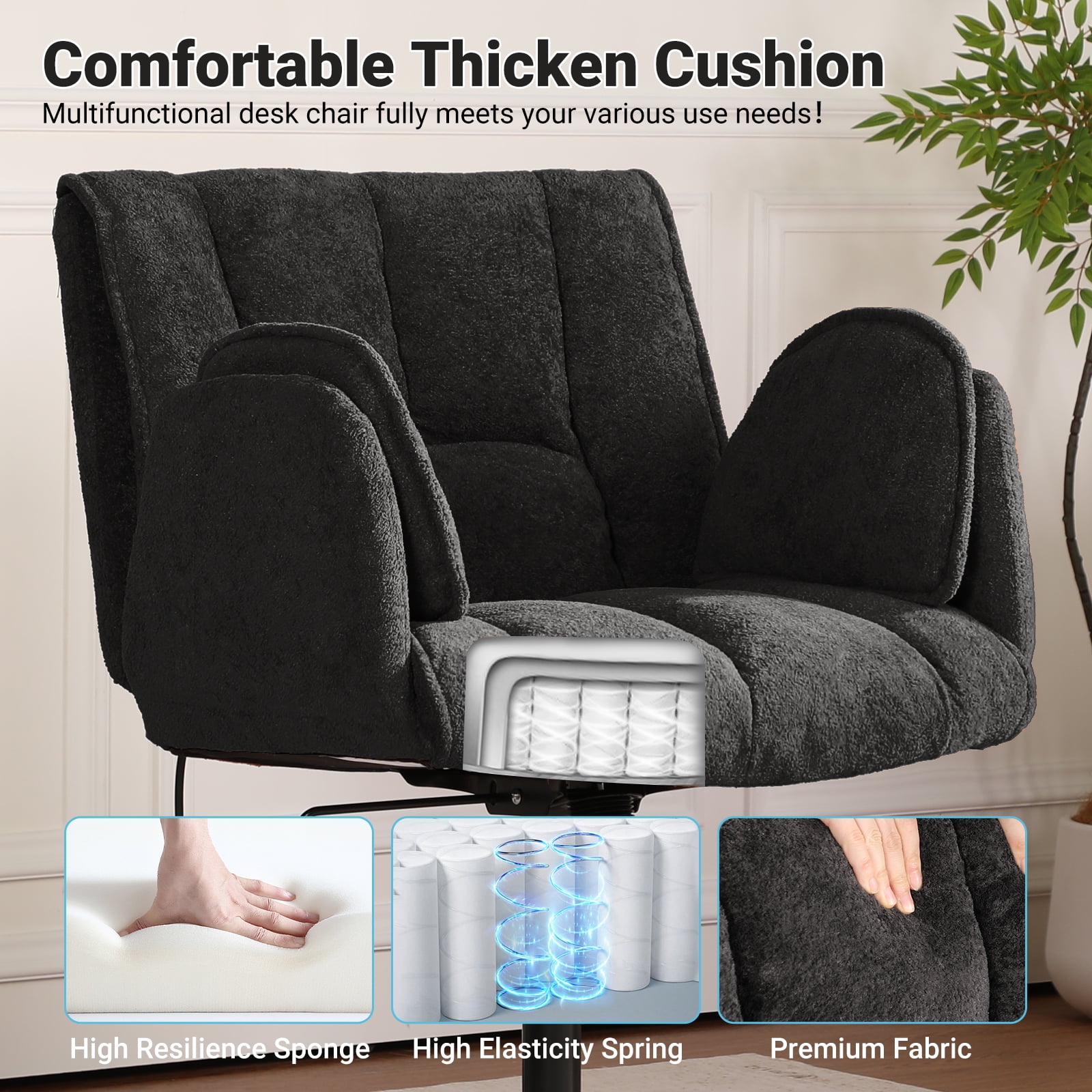 Criss Cross Office Chair with 6-Level Folding Arms and Wheels, Ergonomic Fabric Cross Legged Chair with Dynamic Lumbar Support, Plus Size Swivel Vanity Chair for Home Office, Living Room, Makeup