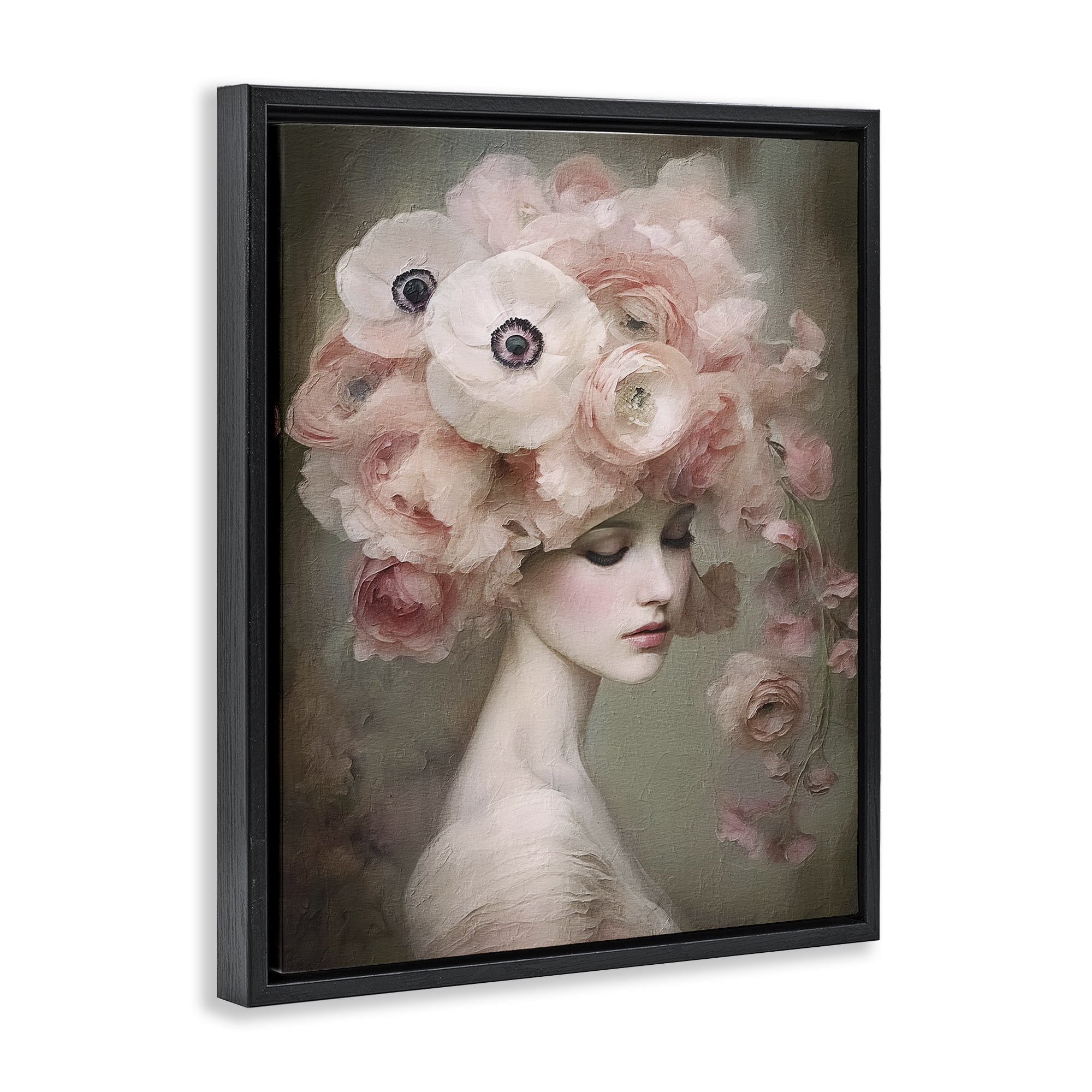 Stupell Industries Woman & Blush Florals Novelty Painting Black Floater Framed Art Print Wall Art, 17 x 21