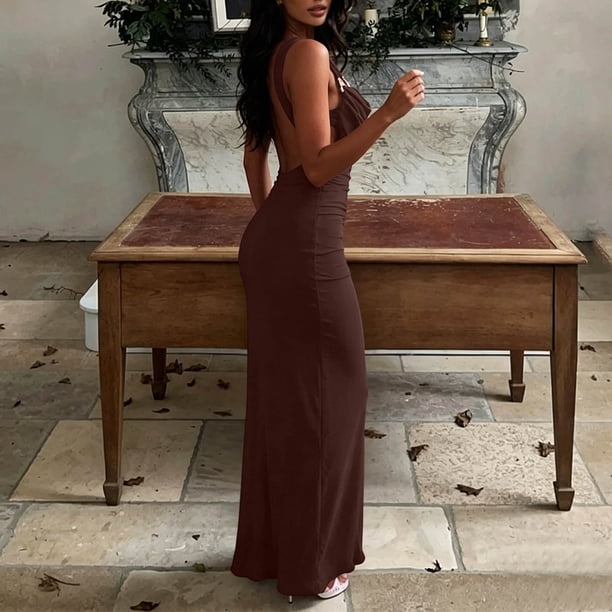 Women's Summer Bodycon Maxi Dress Spaghetti Strap Ruched Backless Tie Back Long Dress Solid Color form-Fitting Party Clubwear Coffee S(S)