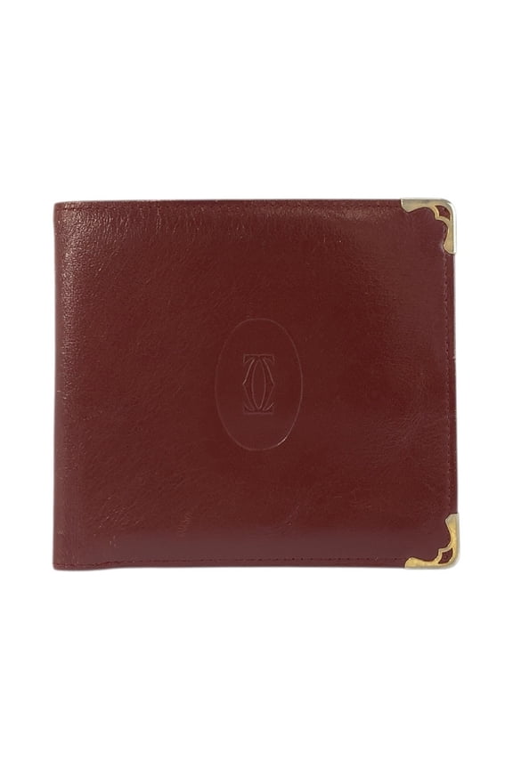 Pre-Owned CARTIER Vintage Must Line Bordeaux Gold Hardware Leather Folding Wallet for Women
