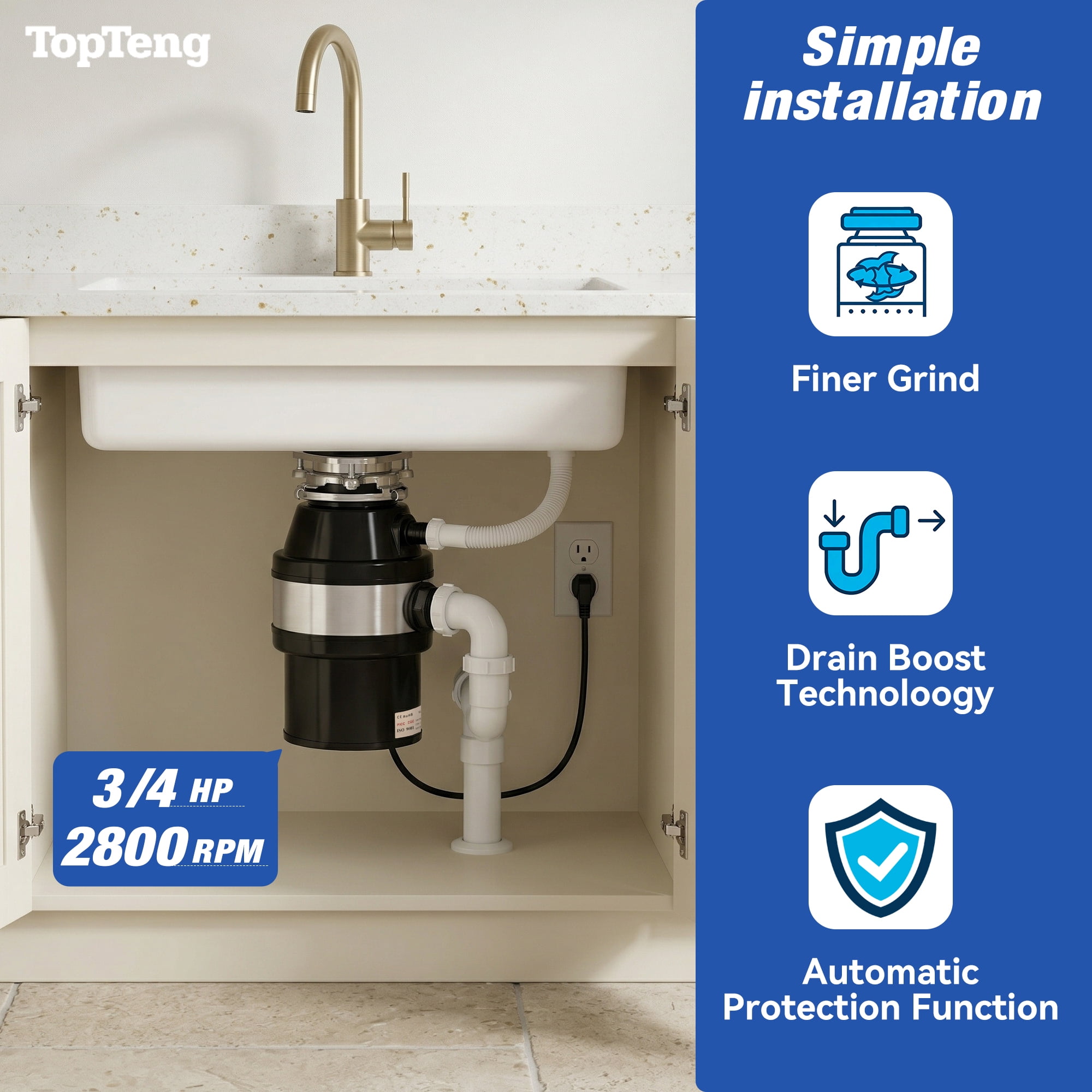 TOPTENG Garbage Disposal Continuous Feed Food Waste Disposer 3/4 HP 2800 RPM Under Sink Kitchen Food Waste Disposer w/ Plug