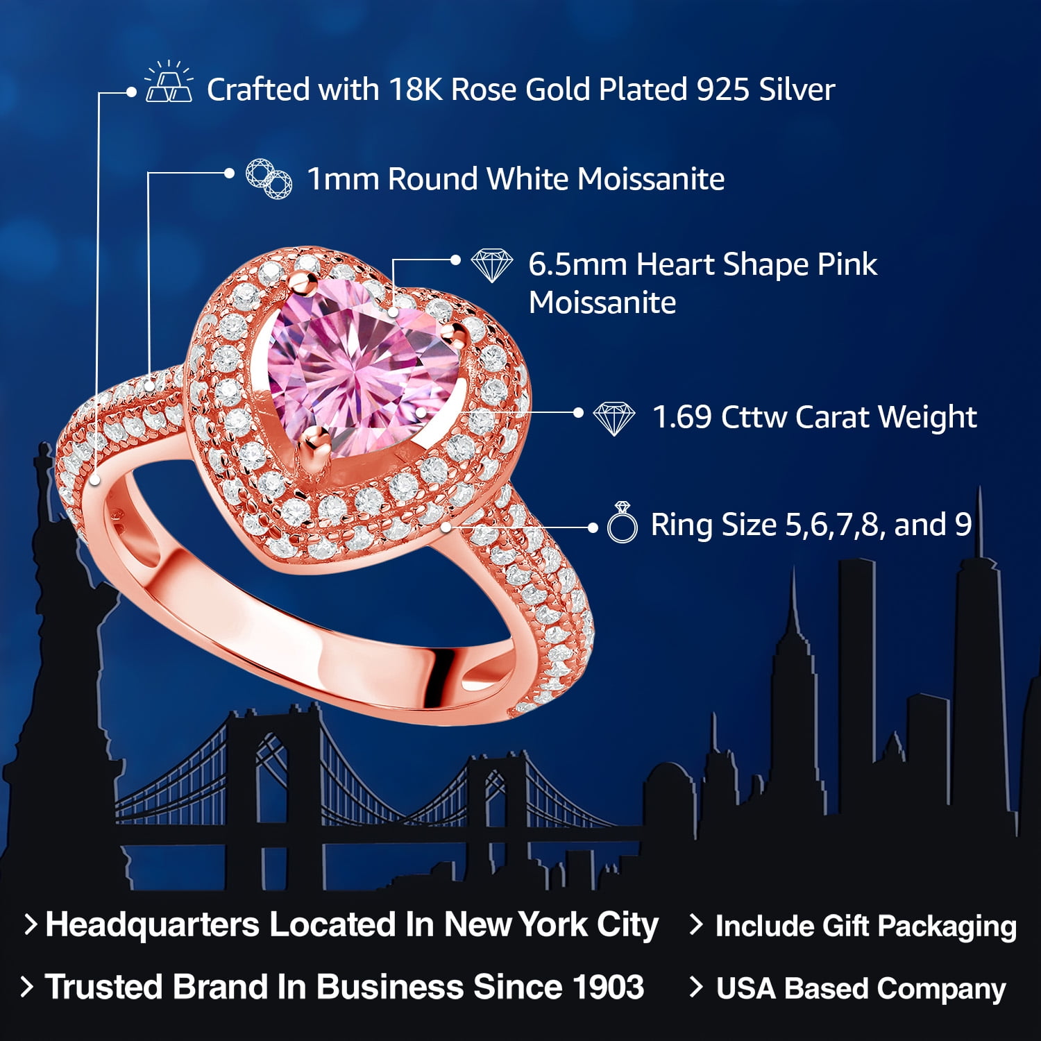 Gem Stone King 18K Rose Gold Plated Silver Pink Moissanite and White Moissanite Heart Engagement Ring for Women (1.69 Cttw, Gemstone, Heart Shape 6.5MM, Size 9)