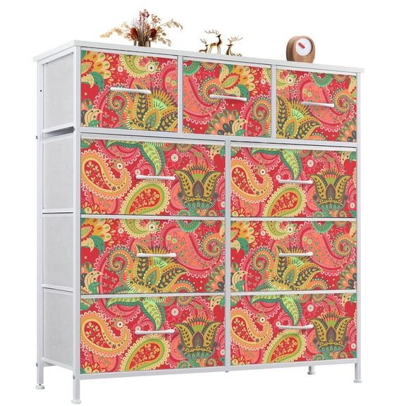 Nextay 9 Drawer Dresser, Wide Chest Of Drawers Nightstand Storage Tower Storage Dresser Fabric Dresser With Wood Top for Living Room, Bedroom, Red