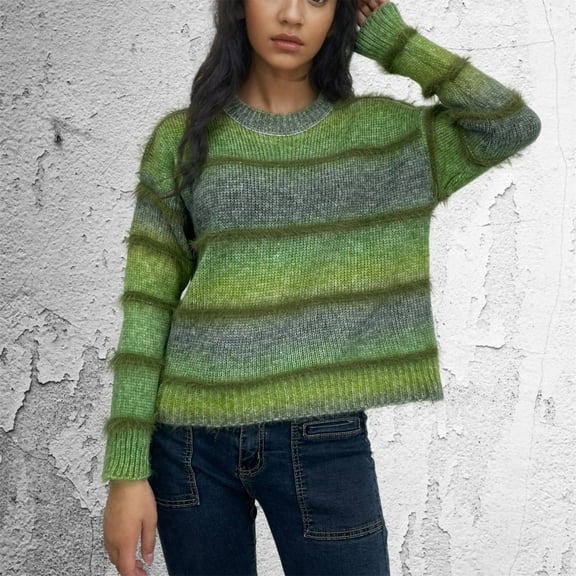 Vetsdori Womens Casual Sweaters Long Sleeve Pullover Knit Striped Trendy Green Round Collar Tops for Women Soft