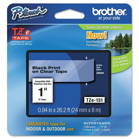 Brother TZE151 P-Touch TZe Standard Adhesive Laminated Labeling Tape, 1"w, Black on Clear