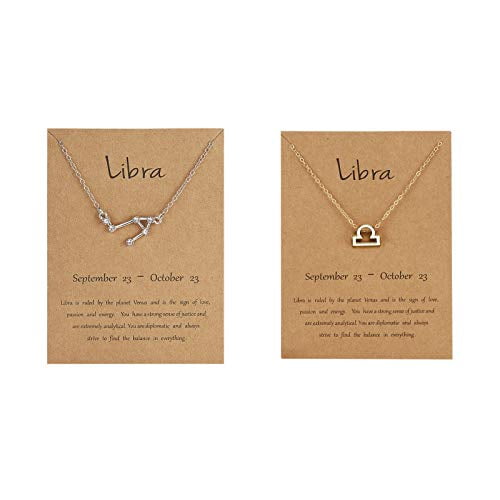 2 Pcs Zodiac Necklace 12 Constellation Necklace Zodiac Sign Horoscope Necklaces Horoscope Constellation Pendant Astrology Birthday Gifts Gold Silver Leo Zodiac Necklace with Message Card - Libra