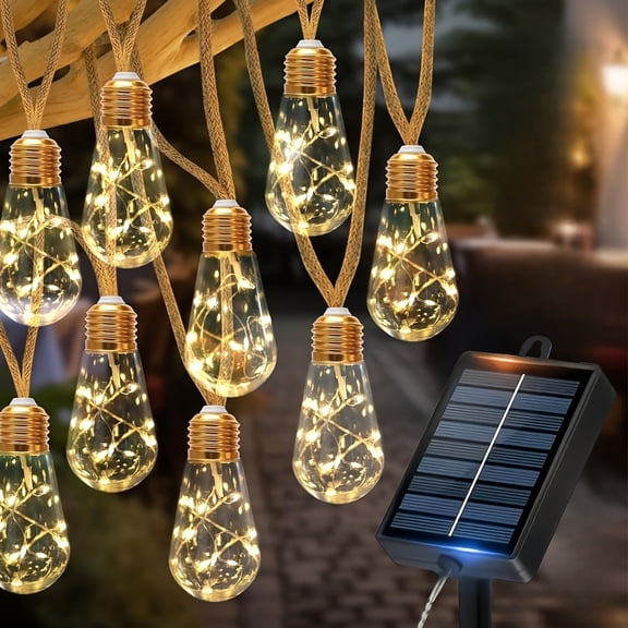 Solar Powered Outdoor String Lights 25ft 15 LED Bulbs Fairy String Lights 8 Lighting Modes Waterproof for Patio Garden Party Decor
