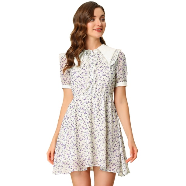INSPIRE CHIC Vestido Floral Con Botones Y Decoración De Encaje Con Cuello De Mu?eca Para Mujer Blanco Violeta XL