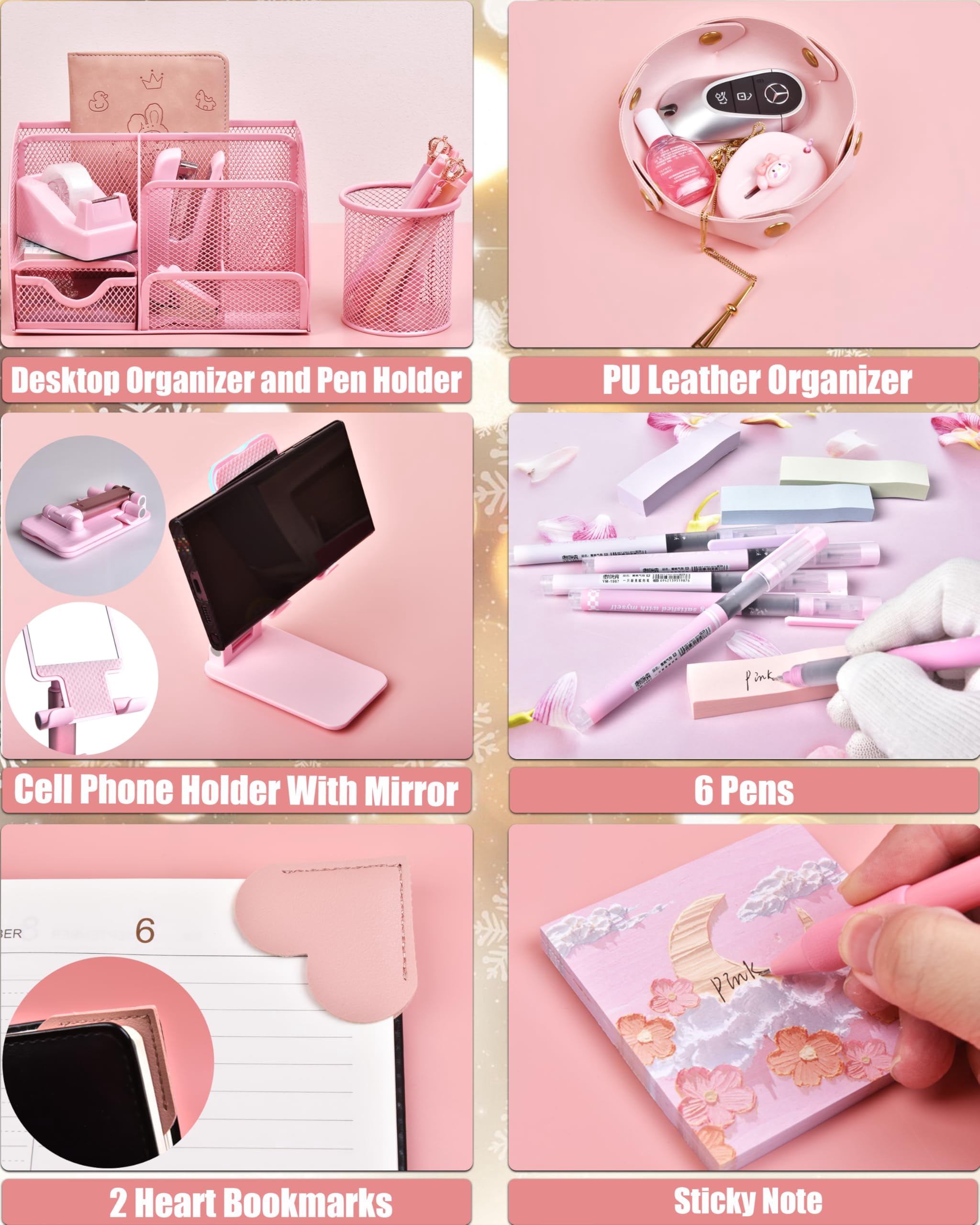 24 Piece Pink Desk Accessories Set, Office Supplies and Organizers with Tape Dispenser, Stapler, Staple Remover, and More, Gift Box Packaging