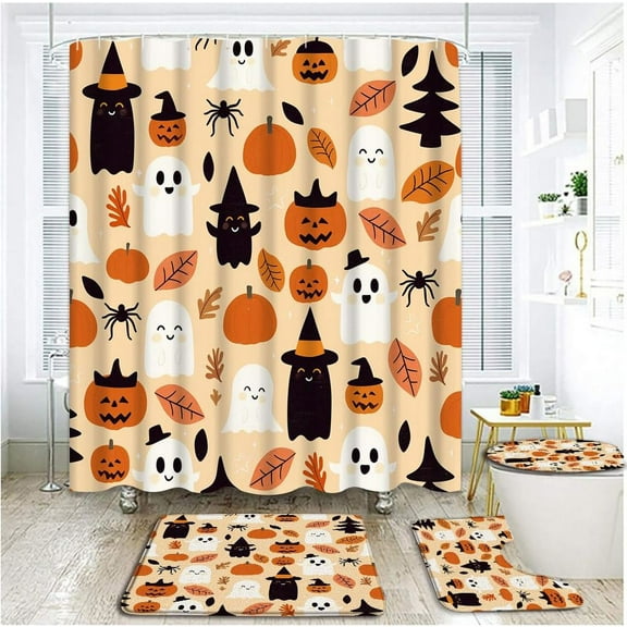 4 PCS Happy Halloween Shower Curtain Set with Rugs, Toilet Lid Cover,Cartoon Ghost Fall Orange Pumpkins Spider Maple Leaves Wizard Hat Thanksgiving Autumn Holiday Bathroom Shower Curtain with Hooks
