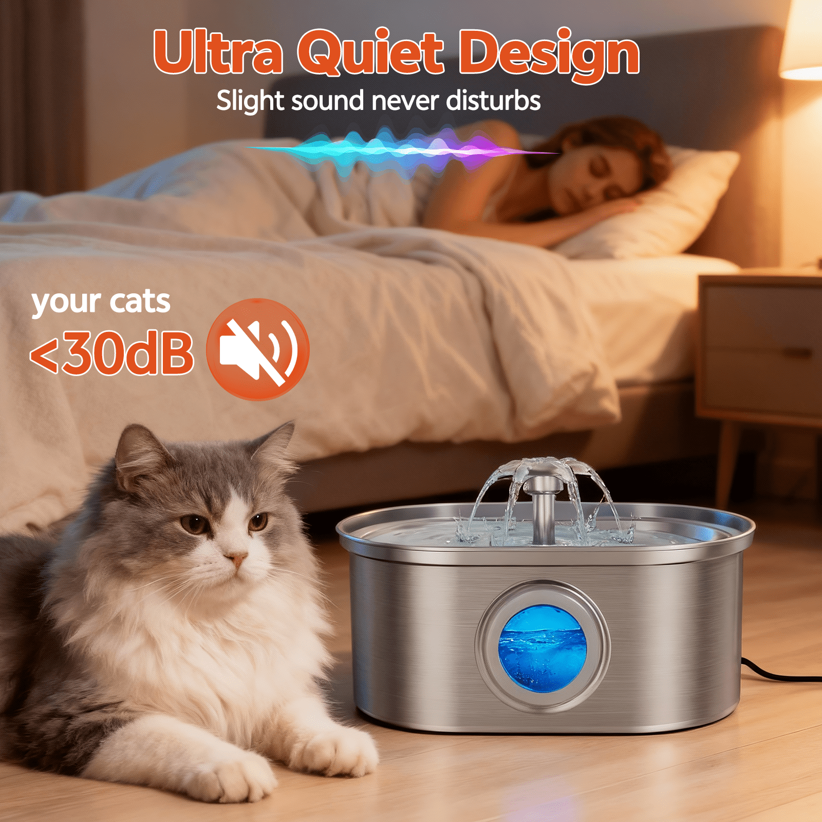 Cat Water Fountain Stainless Steel, YUWENUS 108oz/3.2L Pet Fountain with Water Level Window,Automatic Water Dispenser for Cats and Dogs, Electric Drinking Bowl Suitable for Multiple Pets, Silver