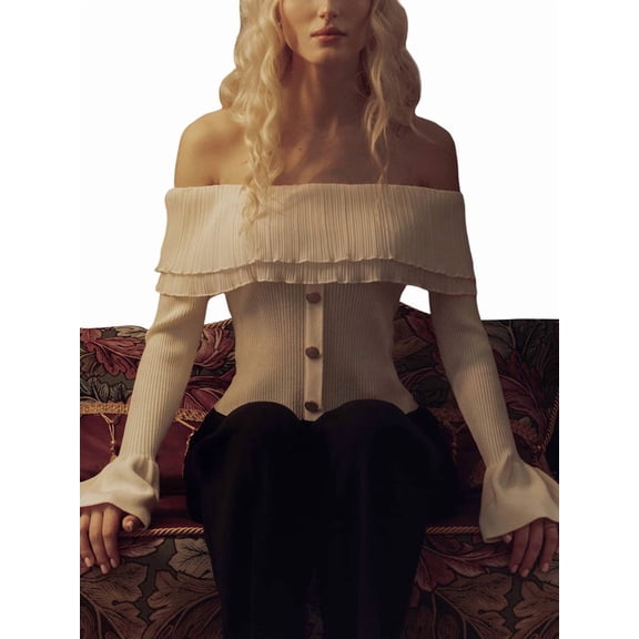Off the Shoulder Tops for Women Long Sleeve Going Out Y2K Tops Knit Pullover Fall Outfits Trendy White L