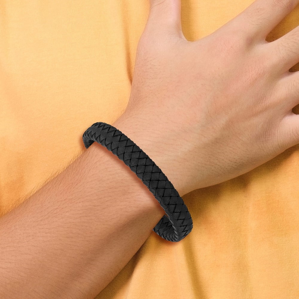 Diamond2Deal Stainless Steel Antiqued Black Braided Leather Bracelet for Men 8.25"
